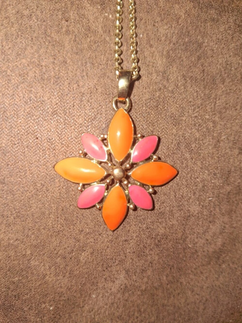 Orange and pink flower pendant necklace goldtone dainty chain